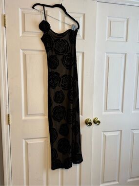 Black One Shoulder Floral Mesh Slip Dress - Elegant Evening Dress